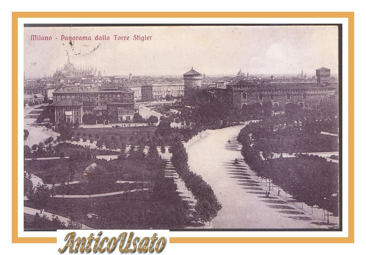 MILANO PANORAMA DALLA TORRE STIGLER Cartolina Viaggiata 1918 Originale Vintage