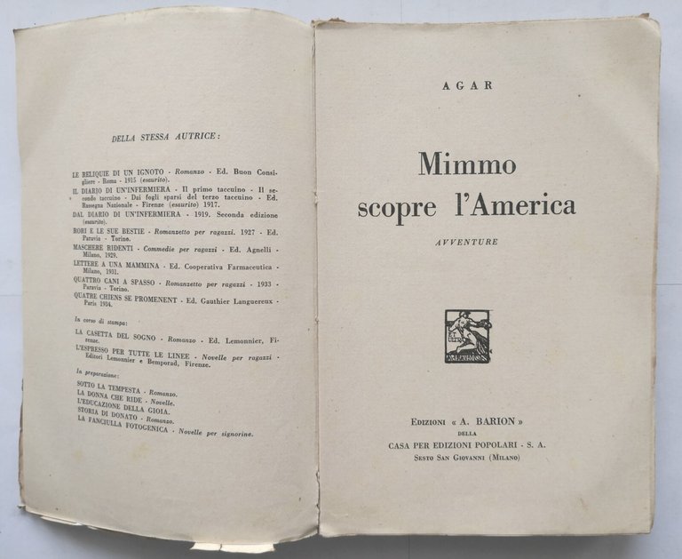 MIMMO SCOPRE L'AMERICA di Agar 1934 Barion romanzo illustrato per …