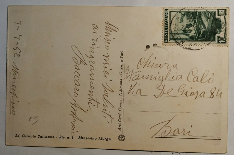 MINERVINO MURGE BARI PIAZZA BOVIO Cartolina Viaggiata 1952 Animata Vintage …