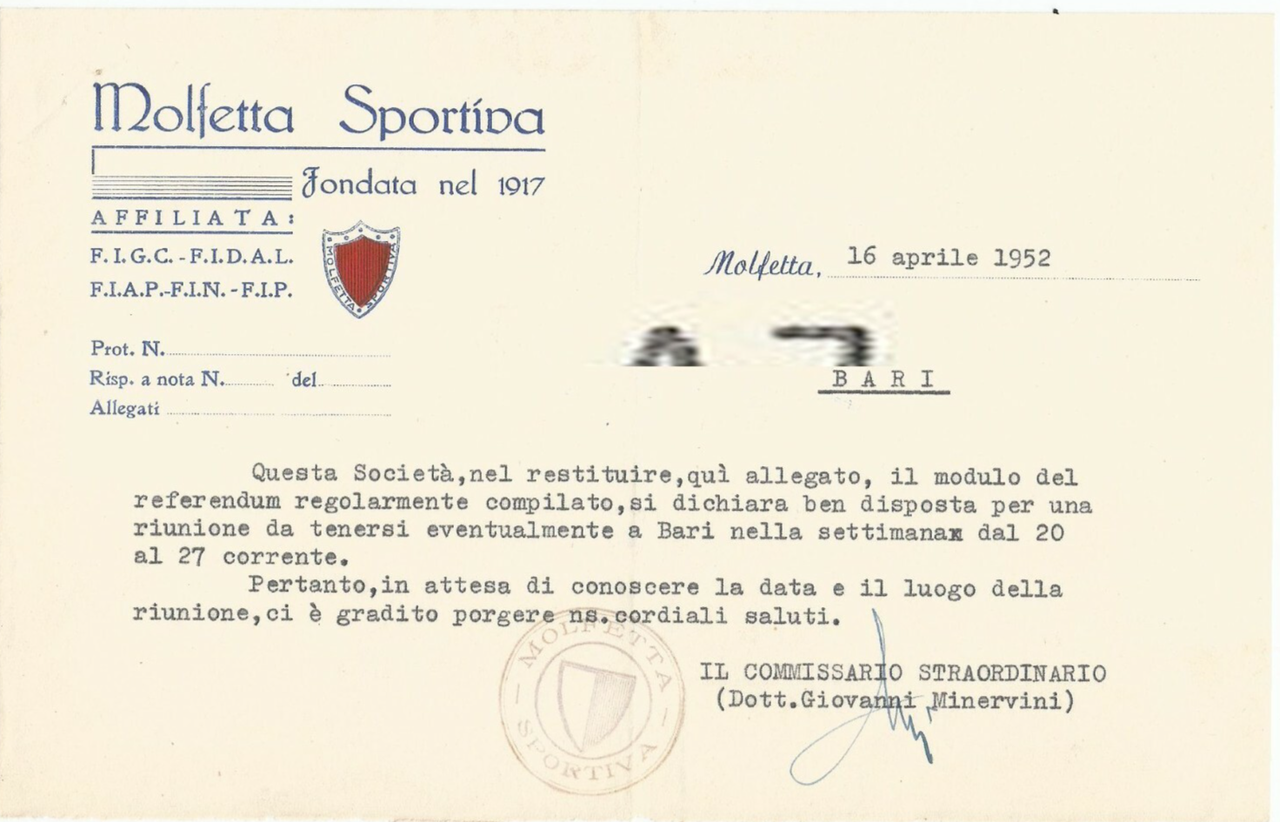 MOLFETTA SPORTIVA calcio lettera intestata 1952 girone unico serie C | Immagine principale