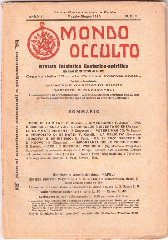 MONDO OCCULTO rivista iniziatica esoterico spiritica 1925 ANNATA COMPLETA vintag