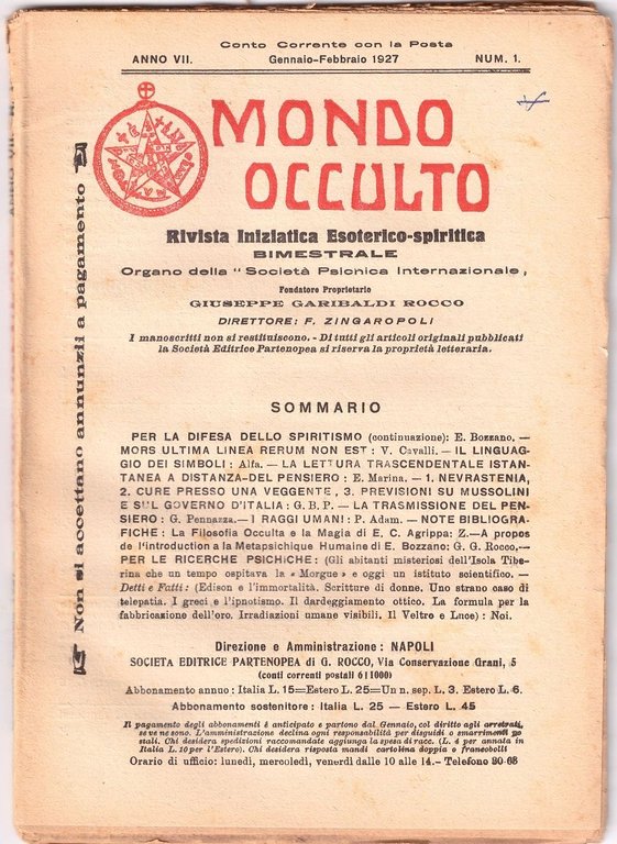 MONDO OCCULTO rivista iniziatica esoterico spiritica 1927 ANNATA COMPLETA ANNO …