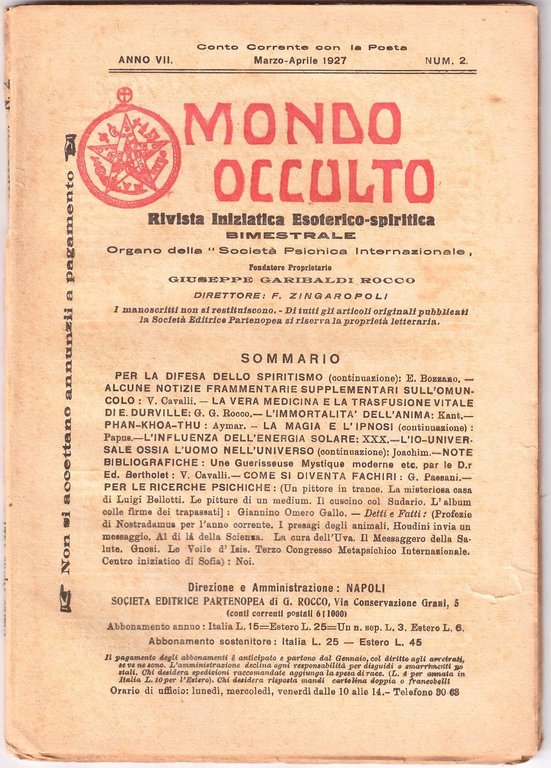 MONDO OCCULTO rivista iniziatica esoterico spiritica 1927 ANNATA COMPLETA ANNO …