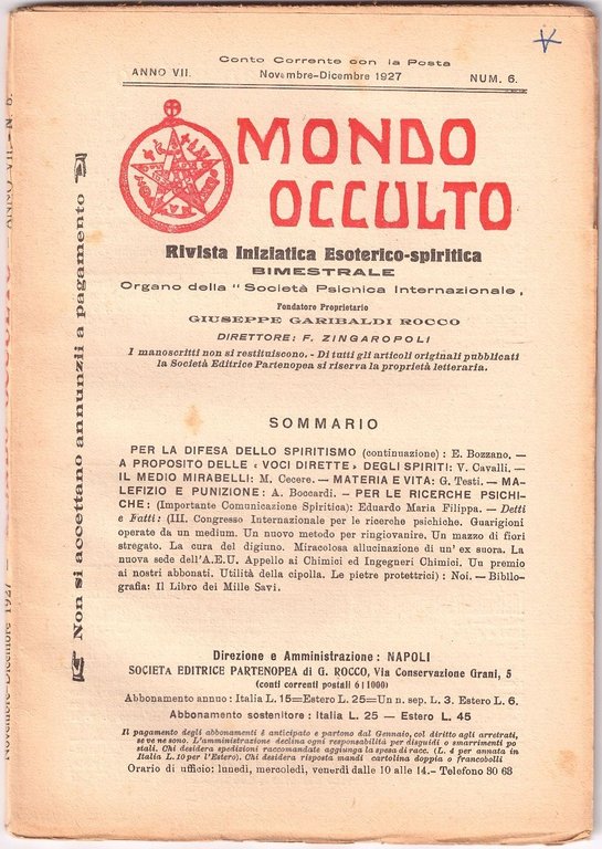 MONDO OCCULTO rivista iniziatica esoterico spiritica 1927 ANNATA COMPLETA ANNO …