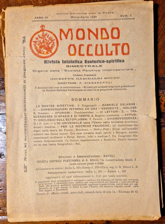 MONDO OCCULTO rivista iniziatica esoterico spiritica 2 1926 Bozzano Zingaropoli