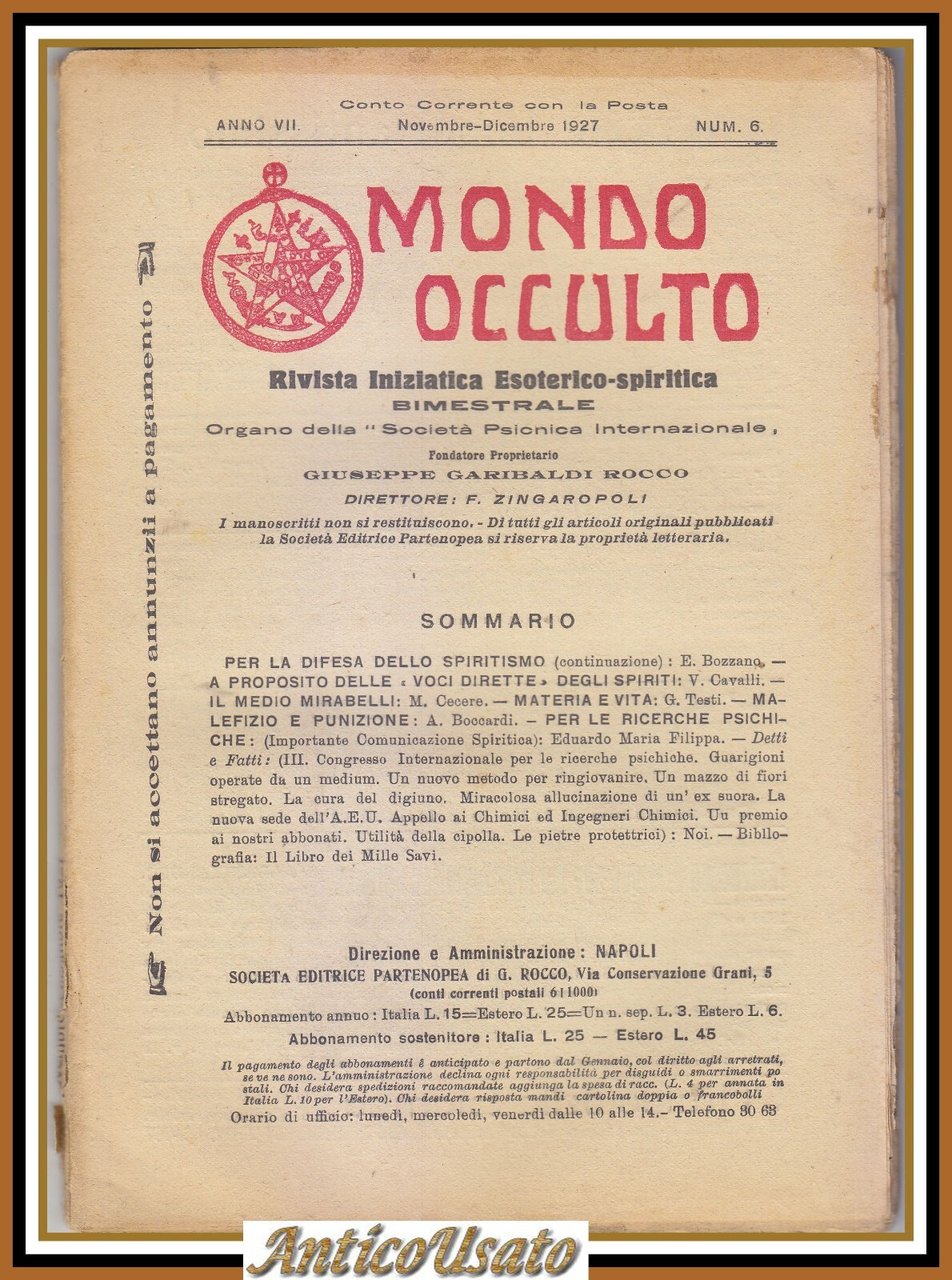 MONDO OCCULTO rivista iniziatica esoterico spiritica novembre 1927 Mirabelli