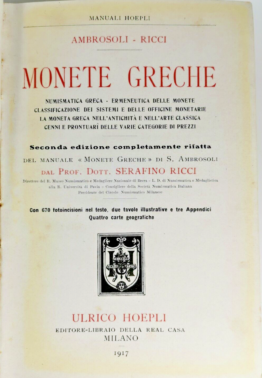 MONETE GRECHE di Ambrosoli Ricci 1917 Manuali Hoepli Numismatica Libro …