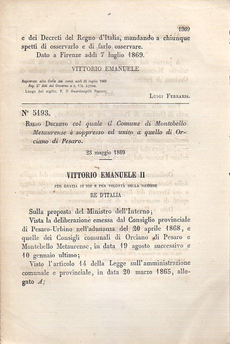MONTEBELLO METAURENSE Regio Decreto 1869 ORCIANO DI PESARO originale antico