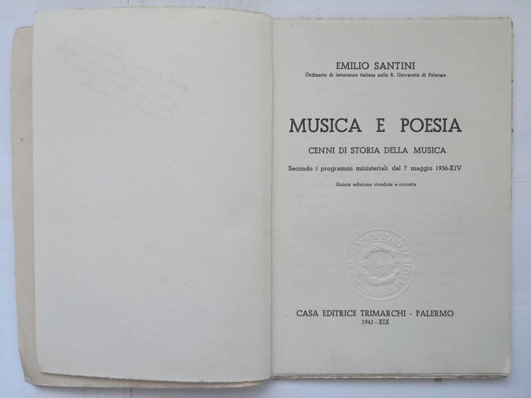 MUSICA E POESIA di Emilio Santini 1941 Trimarchi Libro scolastico …