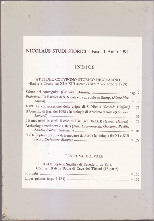 NICOLAUS STUDI STORICI fascicolo 1 1991 Bari San Nicola tra …