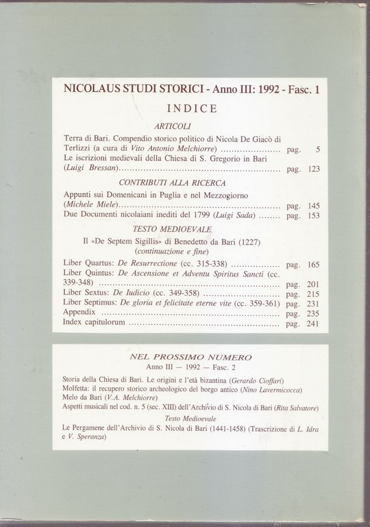 NICOLAUS STUDI STORICI fascicolo 1 1992 Nicola De Giacò de …