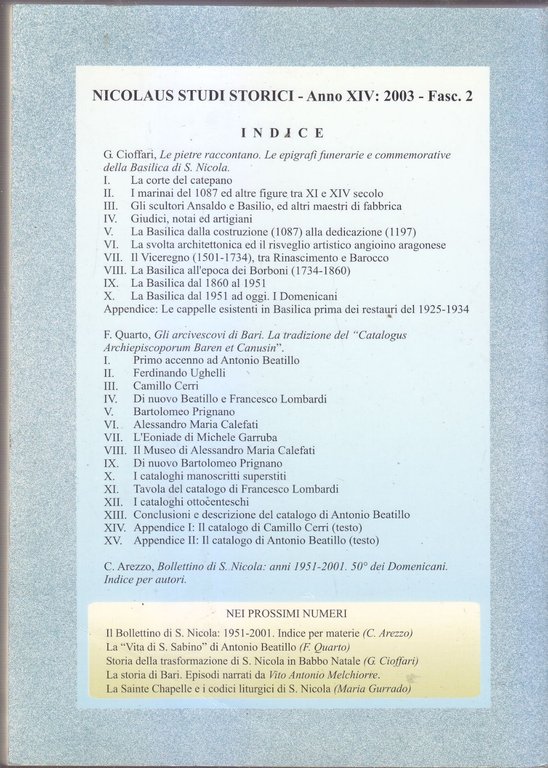 NICOLAUS STUDI STORICI fascicolo 2 2003 epigrafi funerarie San Nicola …