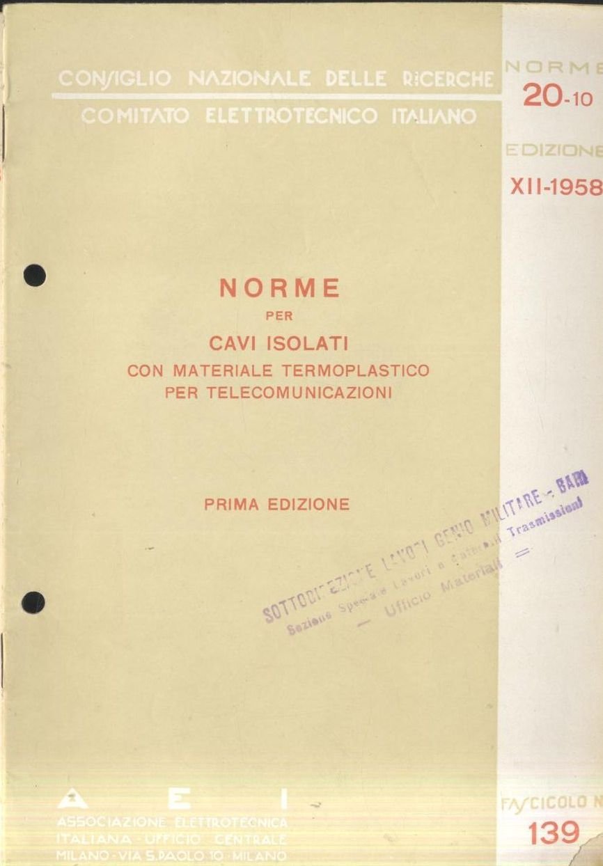NORME CAVI ISOLATI MATERIALE TERMOPLASTICO TELECOMUNICAZIONI 1958 elettrotecnica | Immagine principale
