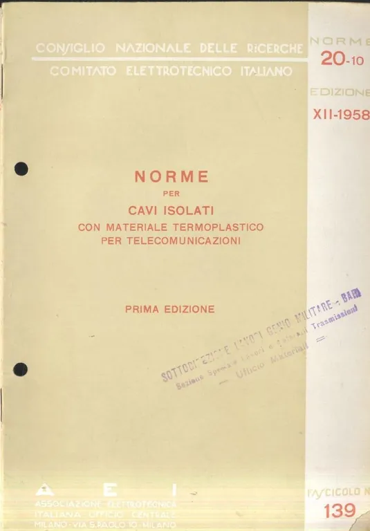 NORME CAVI ISOLATI MATERIALE TERMOPLASTICO TELECOMUNICAZIONI 1958 elettrotecnica