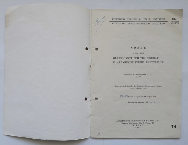 NORME PER GLI OLI ISOLANTI TRASFORMATORI E APPARECCHIATURE ELETTRICHE 1953 …