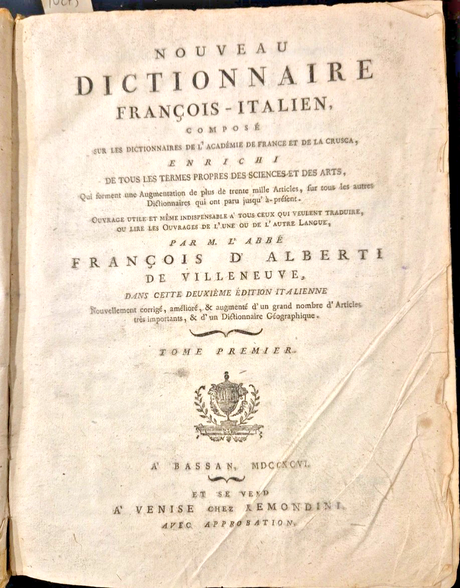 NOUVEAU DICTIONNAIRE FRANCOIS ITALIEN TOME 1 di De Villeneuve 1796 …