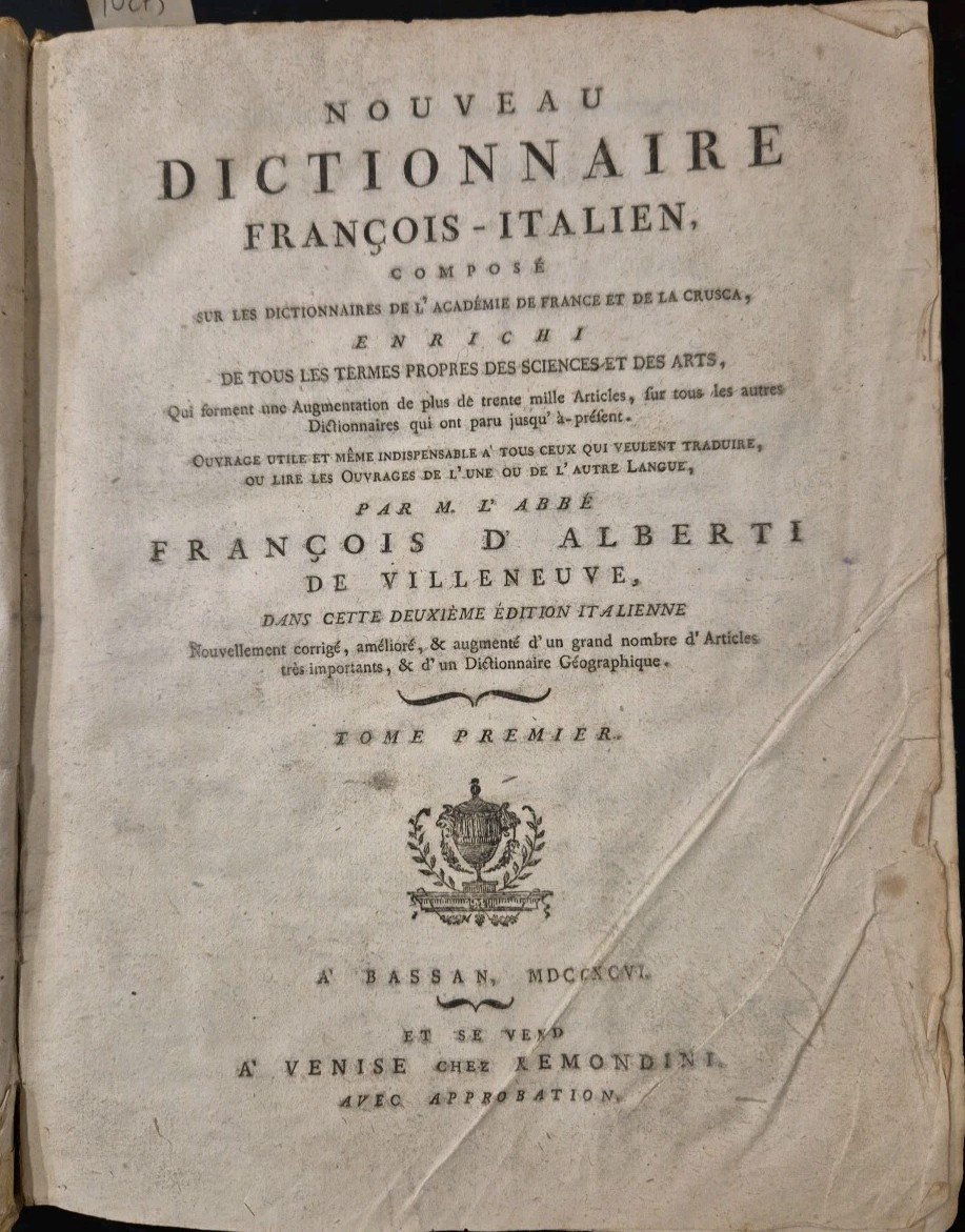NOUVEAU DICTIONNAIRE FRANCOIS ITALIEN TOME PREMIER di De Villeneuve 1796 …