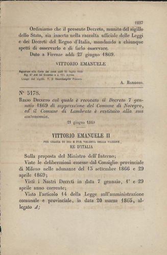 NOVEGRO REGIO DECRETO 1869 LAMBRATE revoca soppressione antico originale
