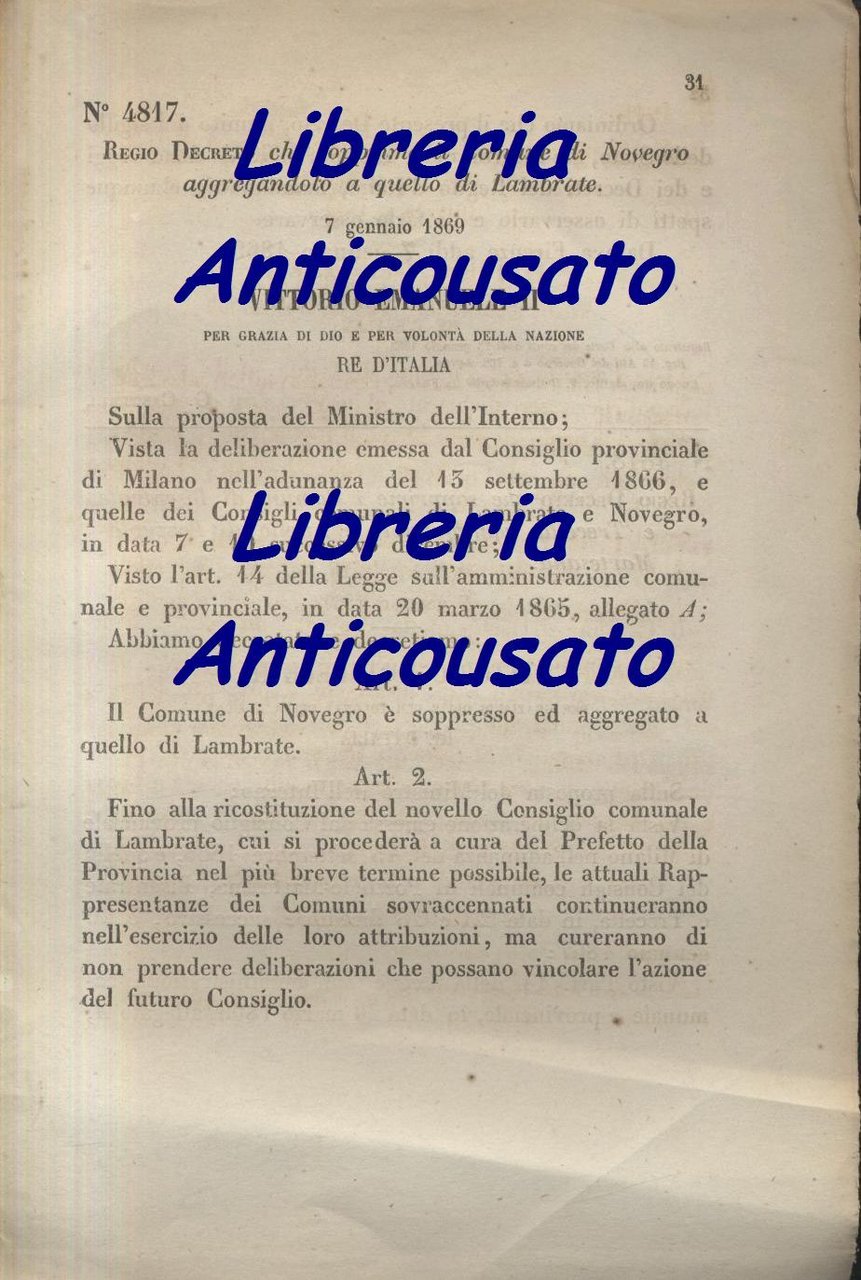 NOVEGRO SOPPRESSO REGIO DECRETO 1869 AGGREGATO A LAMBRATE Originale Antico
