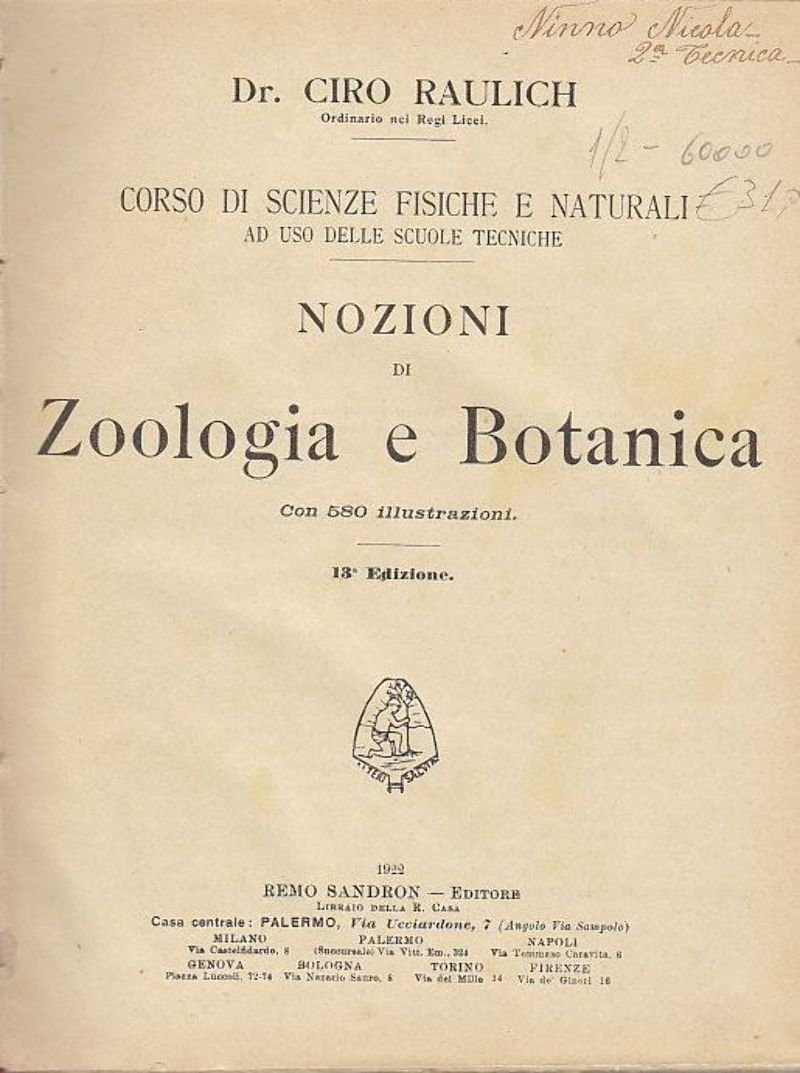 NOZIONI DI ZOOLOGIA E DI BOTANICA di G. Raulich 1922 …