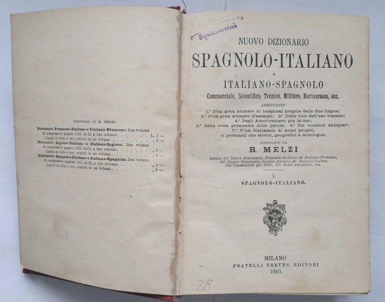 NUOVO DIZIONARIO SPAGNOLO ITALIANO di Melzi volume I 1910 Treves …