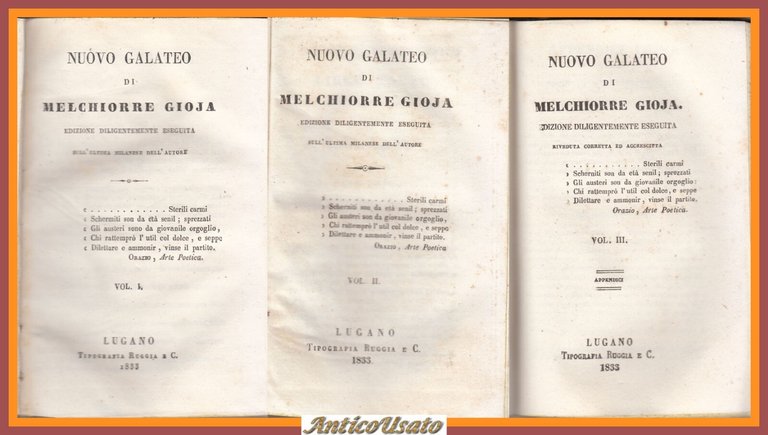NUOVO GALATEO di Melchiorre Gioja 3 volumi completo 1833 libro …