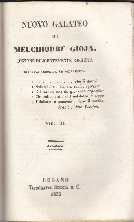 NUOVO GALATEO di Melchiorre Gioja 3 volumi completo 1833 libro …