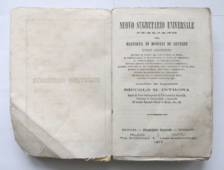 NUOVO SEGRETARIO UNIVERSALE ITALIANO di Niccolò Introna 1877 Pagnoni Libro …