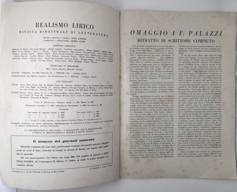 OMAGGIO A FERDINANDO PALAZZI REALISMO LIRICO 1 maggio 1957 rivista …