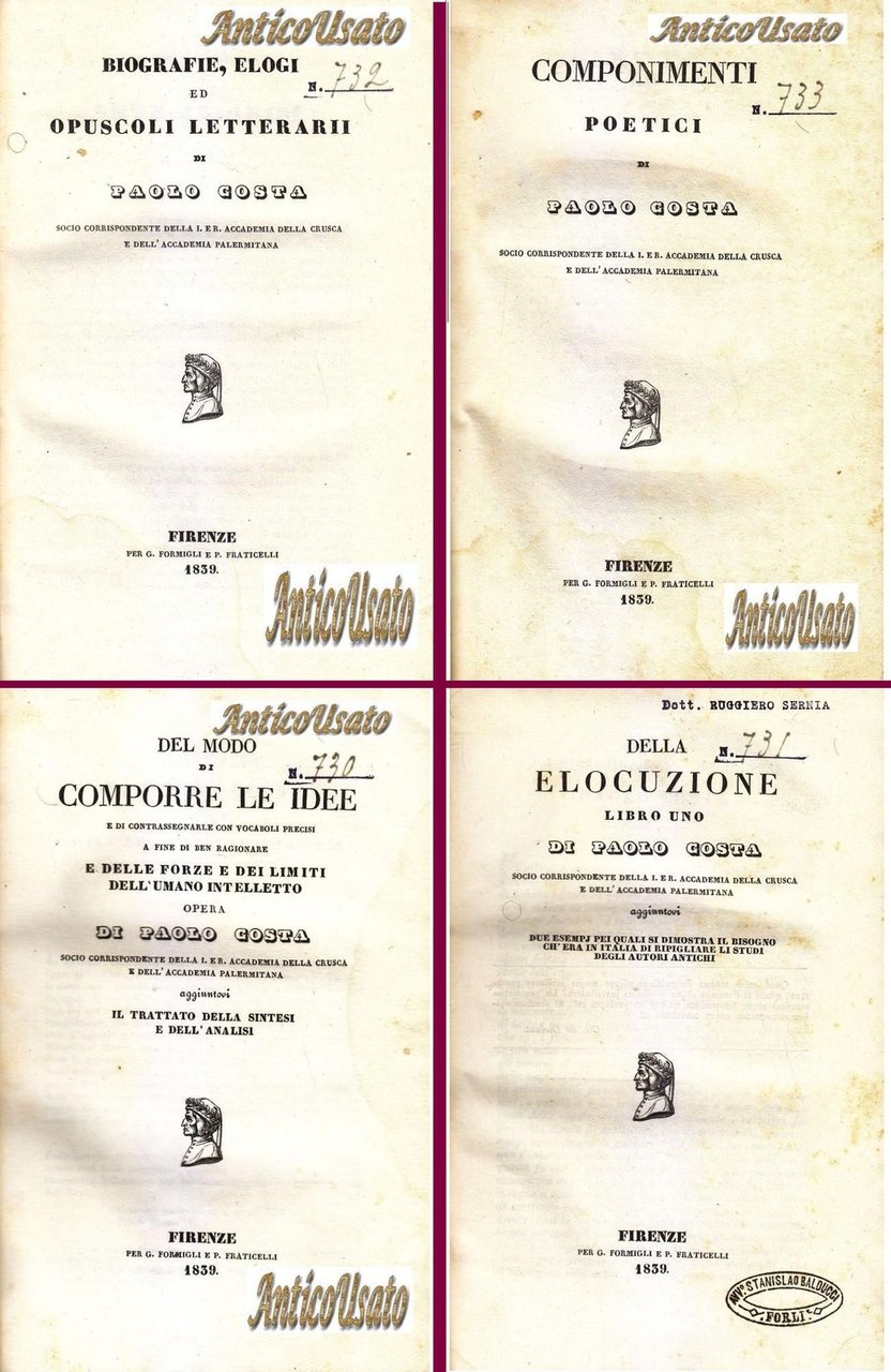 OPERE COMPLETE di Paolo Costa 4 VOLUMI completo 1839 Formigli …