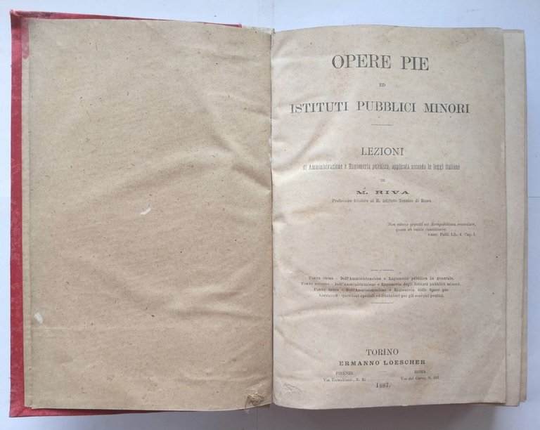 OPERE PIE ED ISTITUTI PUBBLICI MINORI lezioni di Riva 1887 …