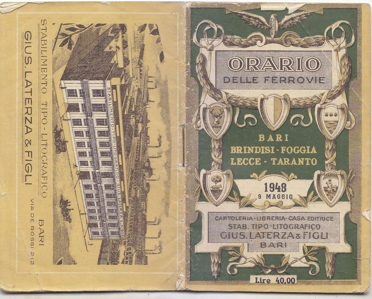 ORARIO DELLE FERROVIE 1948 Bari Brindisi Foggia Lecce Taranto Laterza …