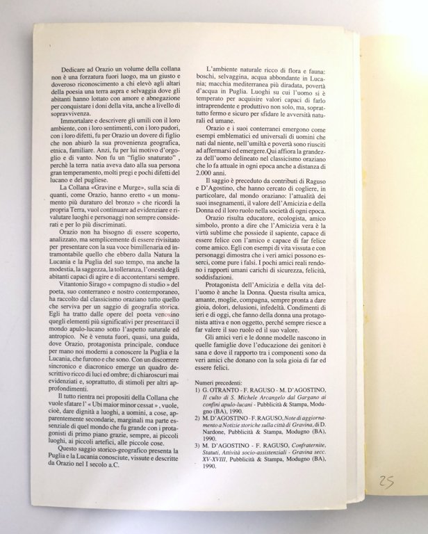 ORAZIO E LA SUA TERRA di Sirago 1991 saggio storico …