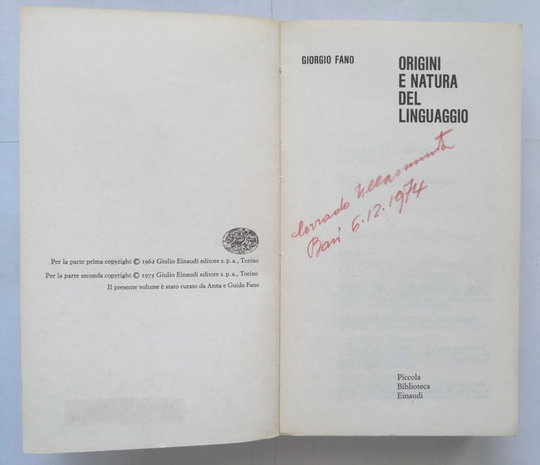 ORIGINI E NATURA DEL LINGUAGGIO di Giorgio Fano 1973 Einaudi …