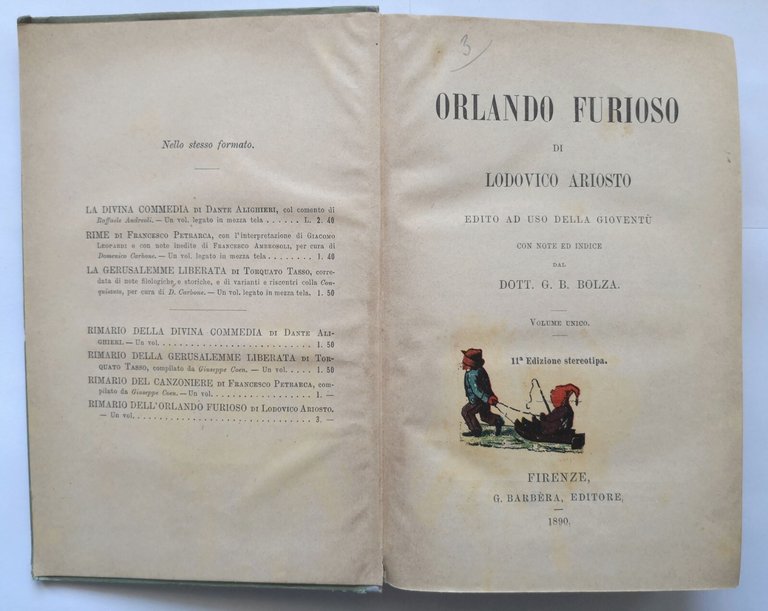 ORLANDO FURIOSO di Ludovico Ariosto 1890 Barbera Libro ad uso …