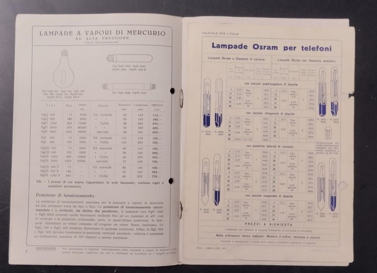 OSRAM LAMPADE A VAPORI METALLICI PER CORRENTE ALTERNATA 1939 Casati …