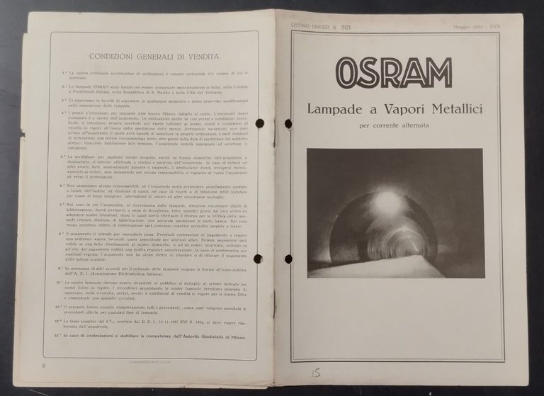 OSRAM LAMPADE A VAPORI METALLICI PER CORRENTE ALTERNATA 1939 Casati …