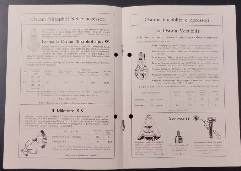 OSRAM SORGENTI LUMINOSE PER PRESE FOTOGRAFICHE 1938 Casati Catalogo vacublitz
