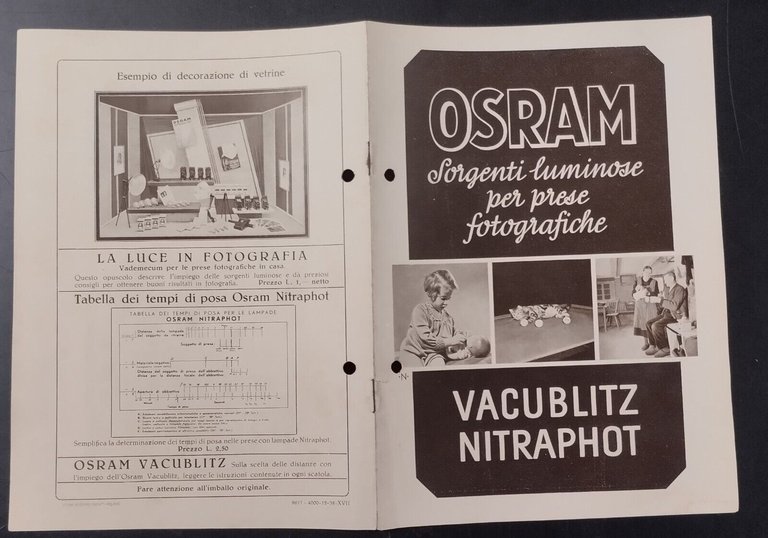 OSRAM SORGENTI LUMINOSE PER PRESE FOTOGRAFICHE 1938 Casati Catalogo vacublitz