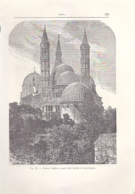 PADOVA ABSIDE E CUPOLE DELLA BASILICA DI SANT'ANTONIO incisione originale …