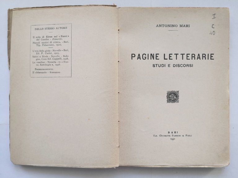 PAGINE LETTERARIE studi e discorsi di Antonino Mari 1932 Pansini …