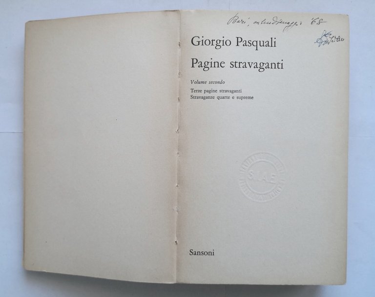 PAGINE STRAVAGANTI di Giorgio Pasquali volume 2 1968 Sansoni Libro
