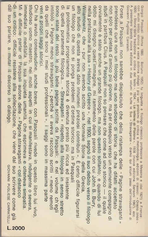 PAGINE STRAVAGANTI volume 1 di Giorgio Pasquali 1968 Sansoni Libro …