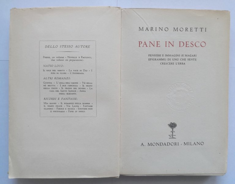 PANE IN DESCO di Marino Moretti 1940 Mondadori Libro pensieri …