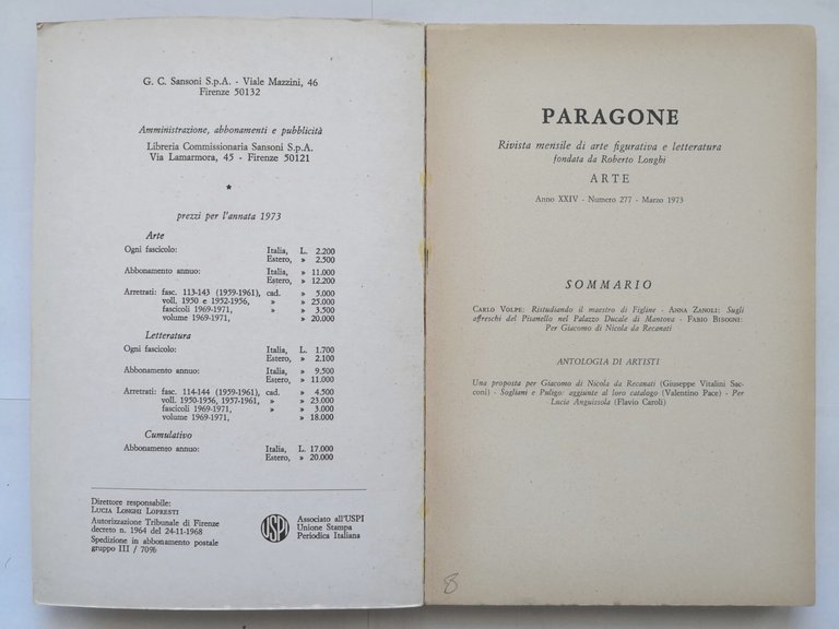 PARAGONE 277 Arte Marzo 1973 Sansoni rivista Volpe Zanoli maestro …