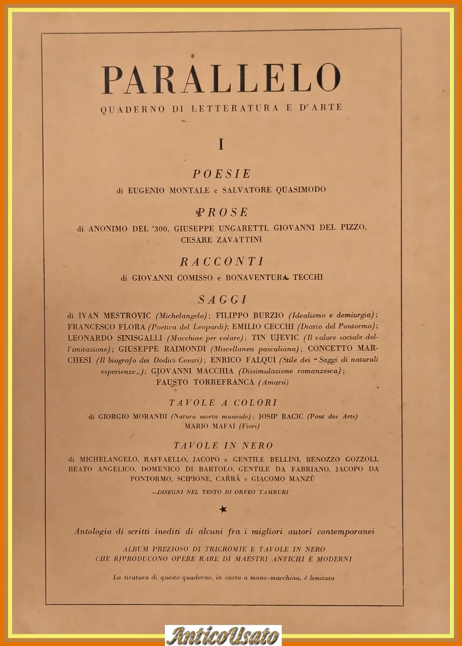 PARALLELO QUADERNO DI LETTERATURA E ARTE 1943 numero 1 Rivista …