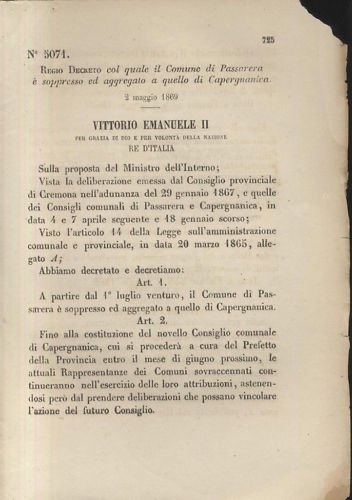 PASSARERA CAPERGNANICA REGIO DECRETO 1869 CREMONA originale antico vintage