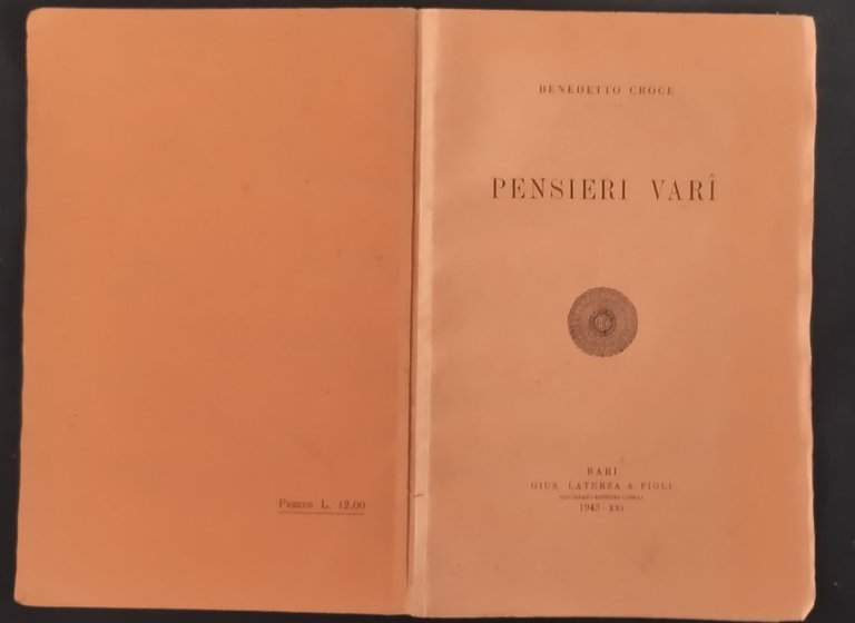 PENSIERI VARI di Benedetto Croce 1943 Laterza Libro I edizione
