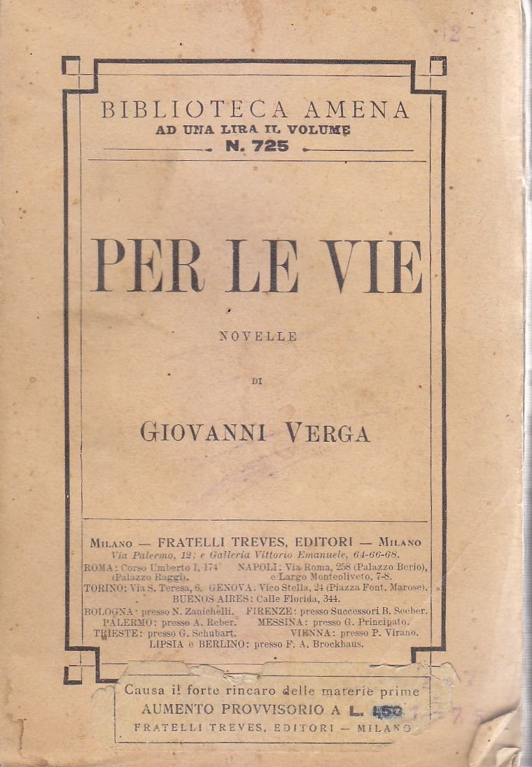 PER LE VIE novelle di Giovanni Verga 1914 Fratelli Treves …