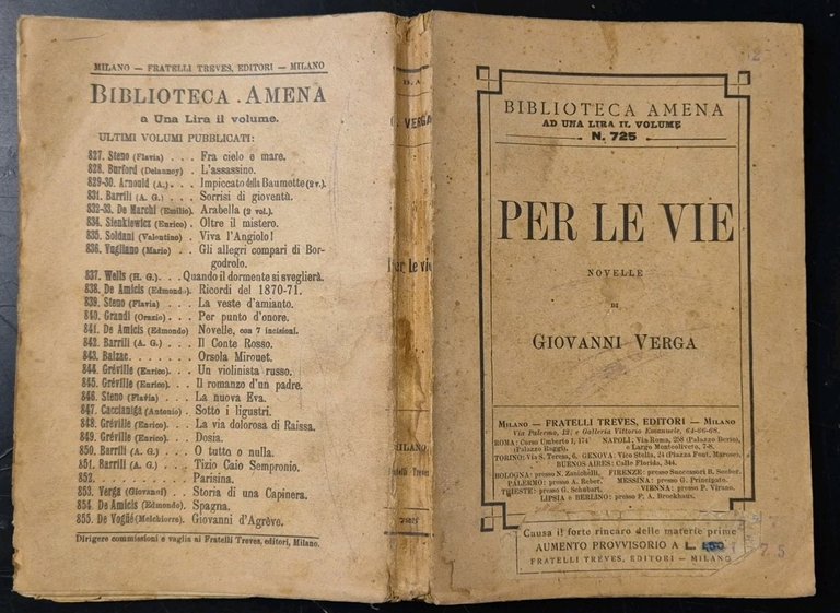 PER LE VIE novelle di Giovanni Verga 1914 Fratelli Treves …
